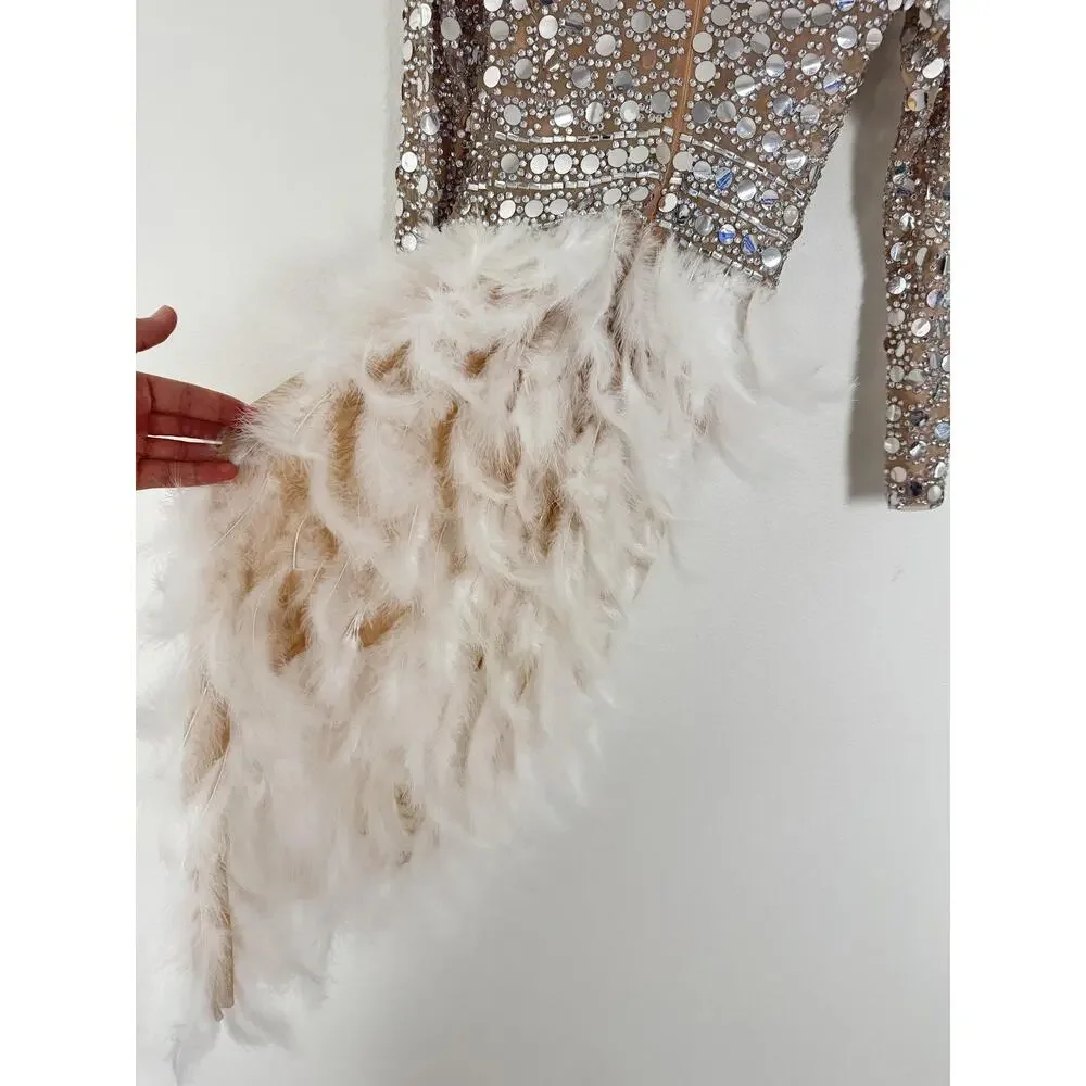 PURE X CHAOS Feather Dress Womens Large White Rhinestone Festival Party Show - Picture 11 of 15